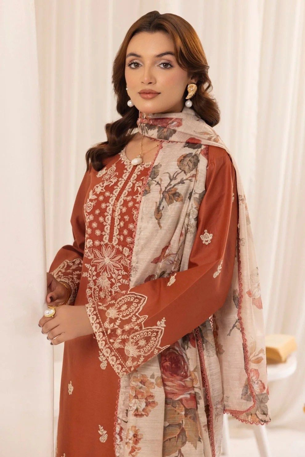 3 Pc Lawn Embroidered (Oranges)