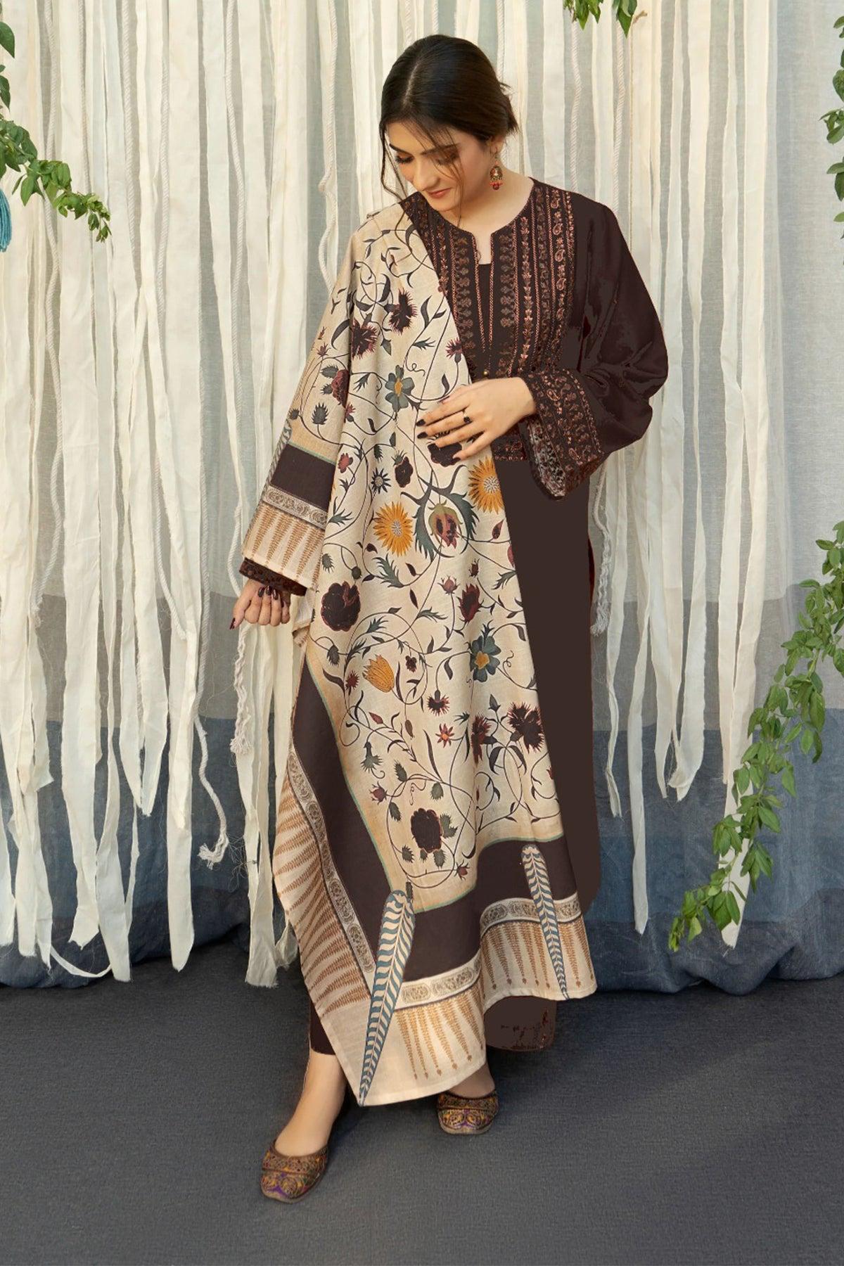 3 Pc Lawn Embroidered (Brown)