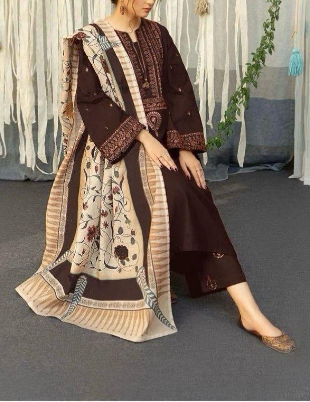 3 Pc Lawn Embroidered (Brown)