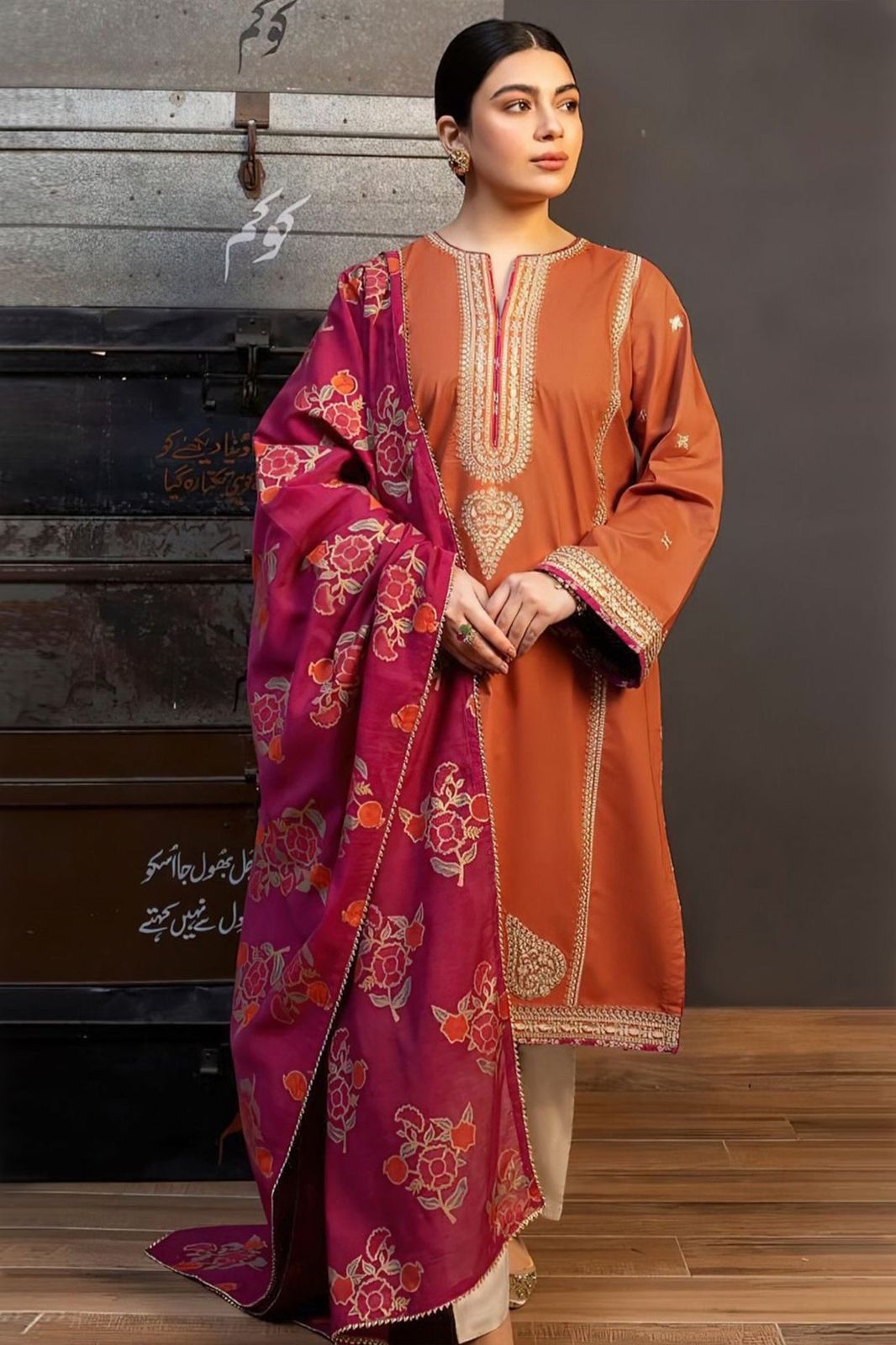 3 Pc Lawn Embroidered (Mustard)