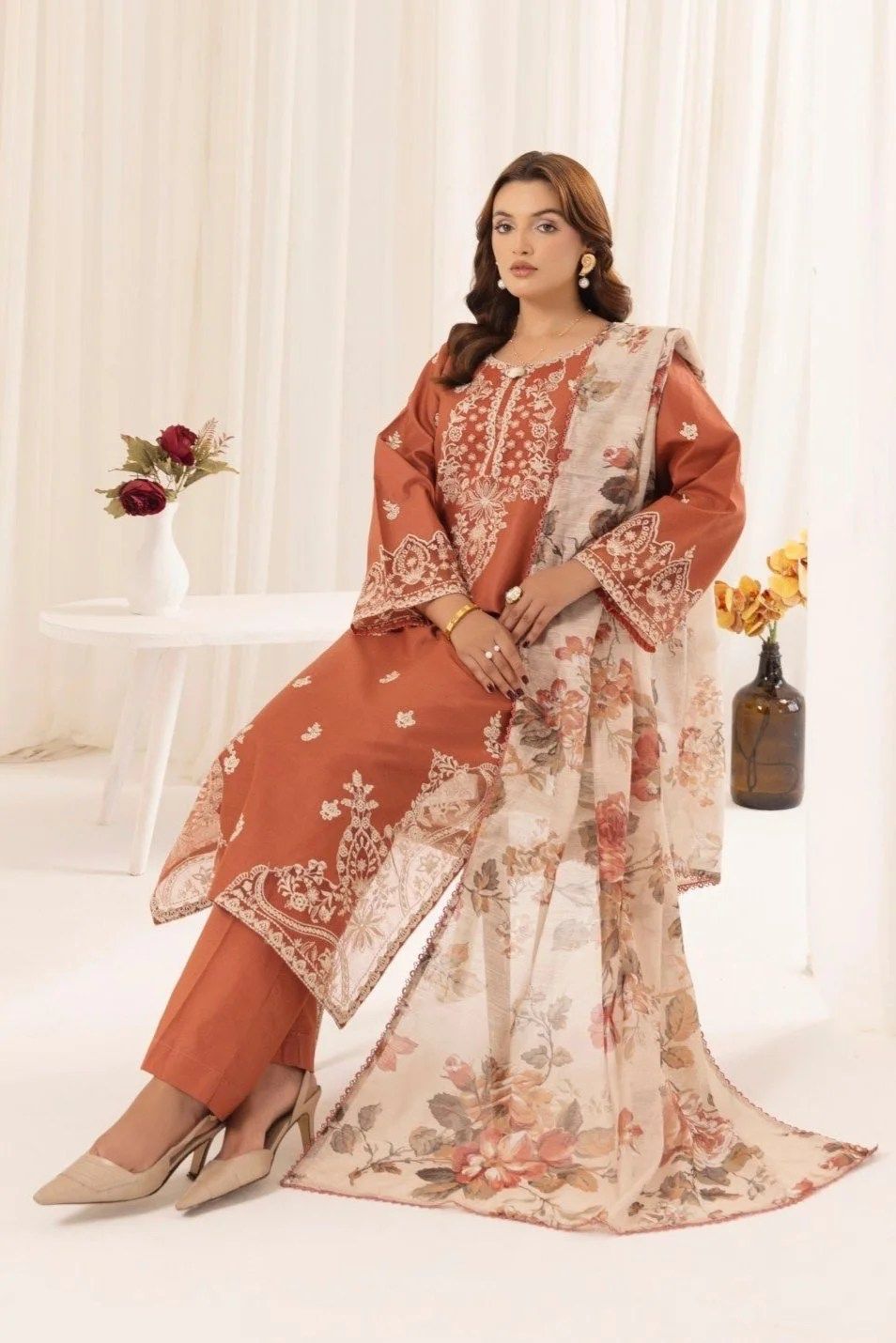 3 Pc Lawn Embroidered (Oranges)